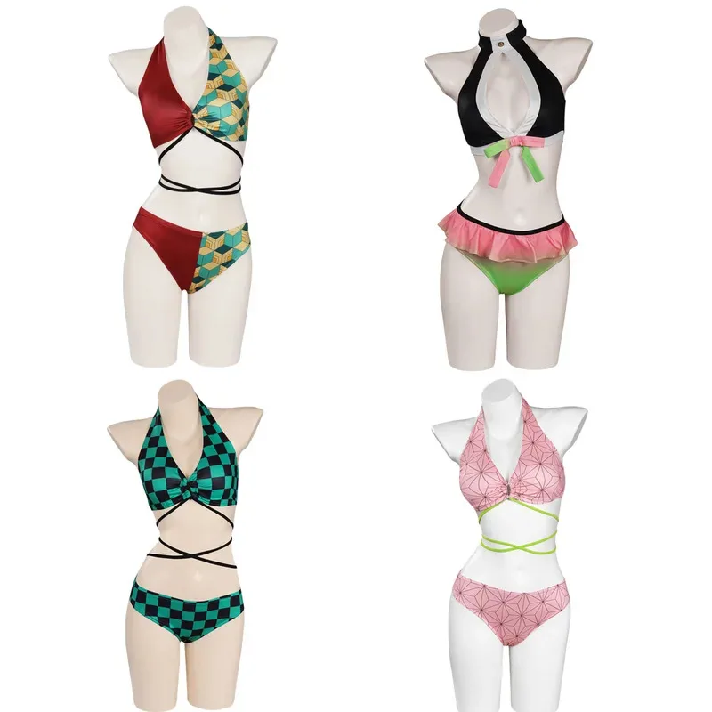 Anime Tanjirou Kamado Nezuko Tomioka Giyuu Kanroji Mitsuri Cosplay Costume Summer Day Swimsuit Woman Sexy Bikini Suit olp
