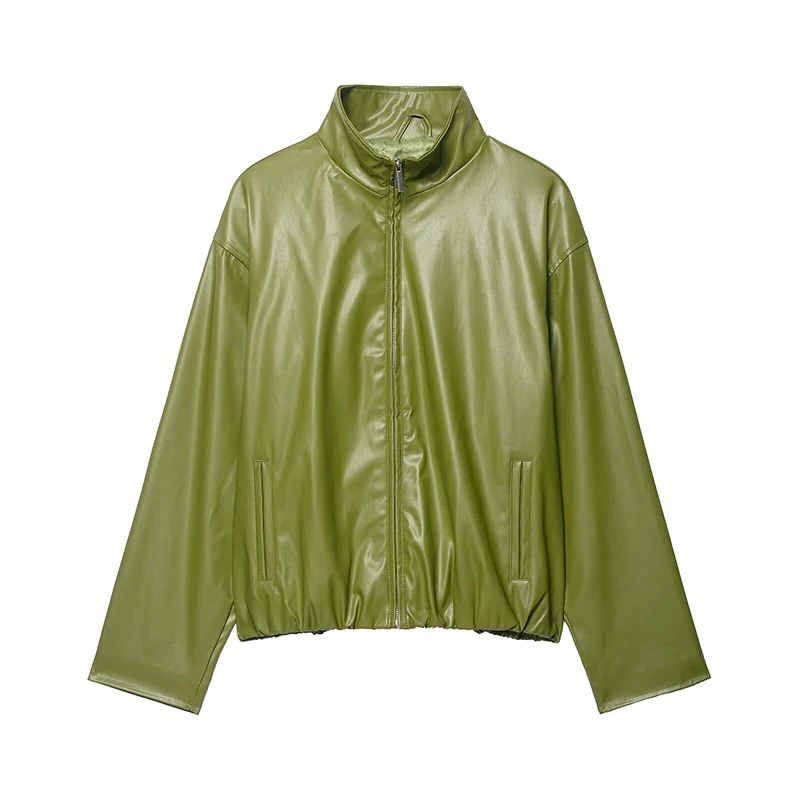 YENKYE European And American Faux Leather Jacket For Women Long Sleeve Stand Collar  Spring Autumn Motorcycle Coat