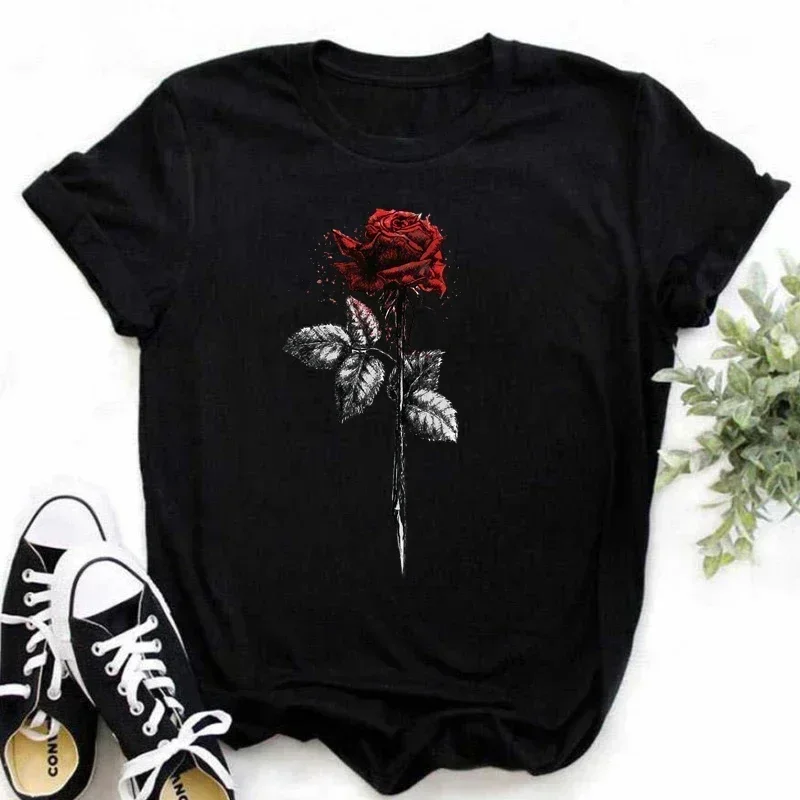 Red Rose Print Women T Shirt Sleeved Round Neck Harajuku Korean Style Graphic Tops Fashion Harajuku Kawaii T-Shirt Y2K Clothing