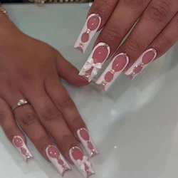 24Pcs/Set Super Long Square French Ballet Geometry AB Diamond Bow Decoration Full Coverage Wearable Fake Nail Press on Nail Art