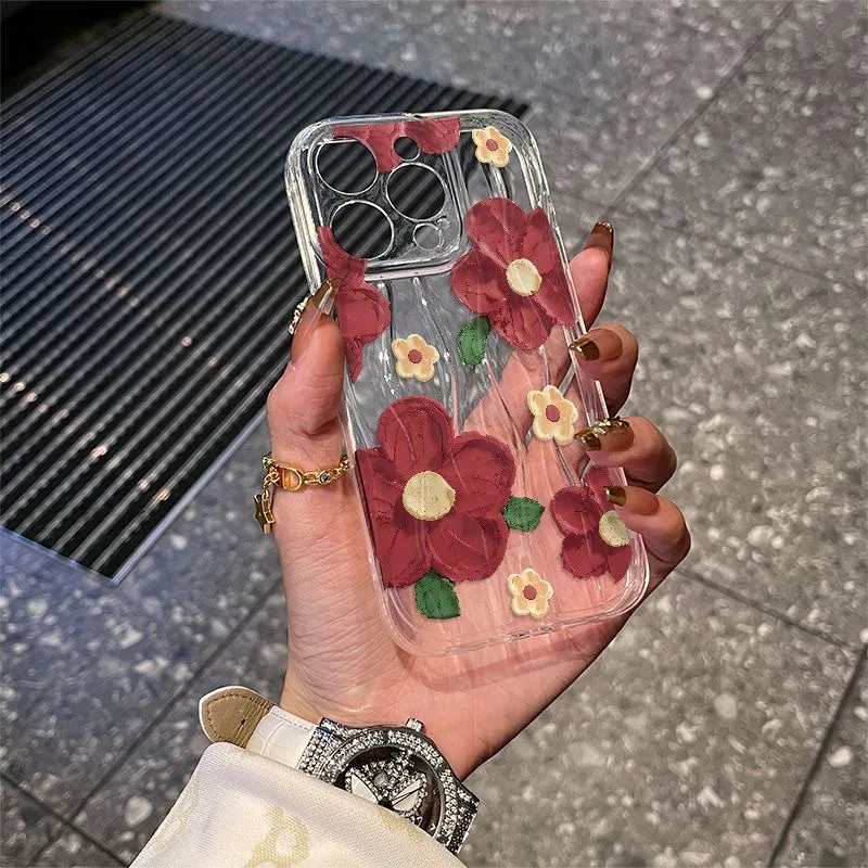 Oil Painting Red Flowers Shockproof Fashionable Phone Case For iPhone 15 Pro Max 14 Plus 13 12 11 XR X XS 8 7 Cover