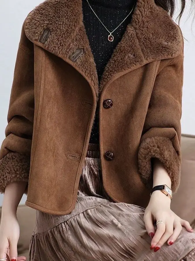 

Double-Sided Wear Lamb Fur Inteated Jaet Women's Winter Faion Versatile eepskin Coat Outerwear Commute Sle Stand...