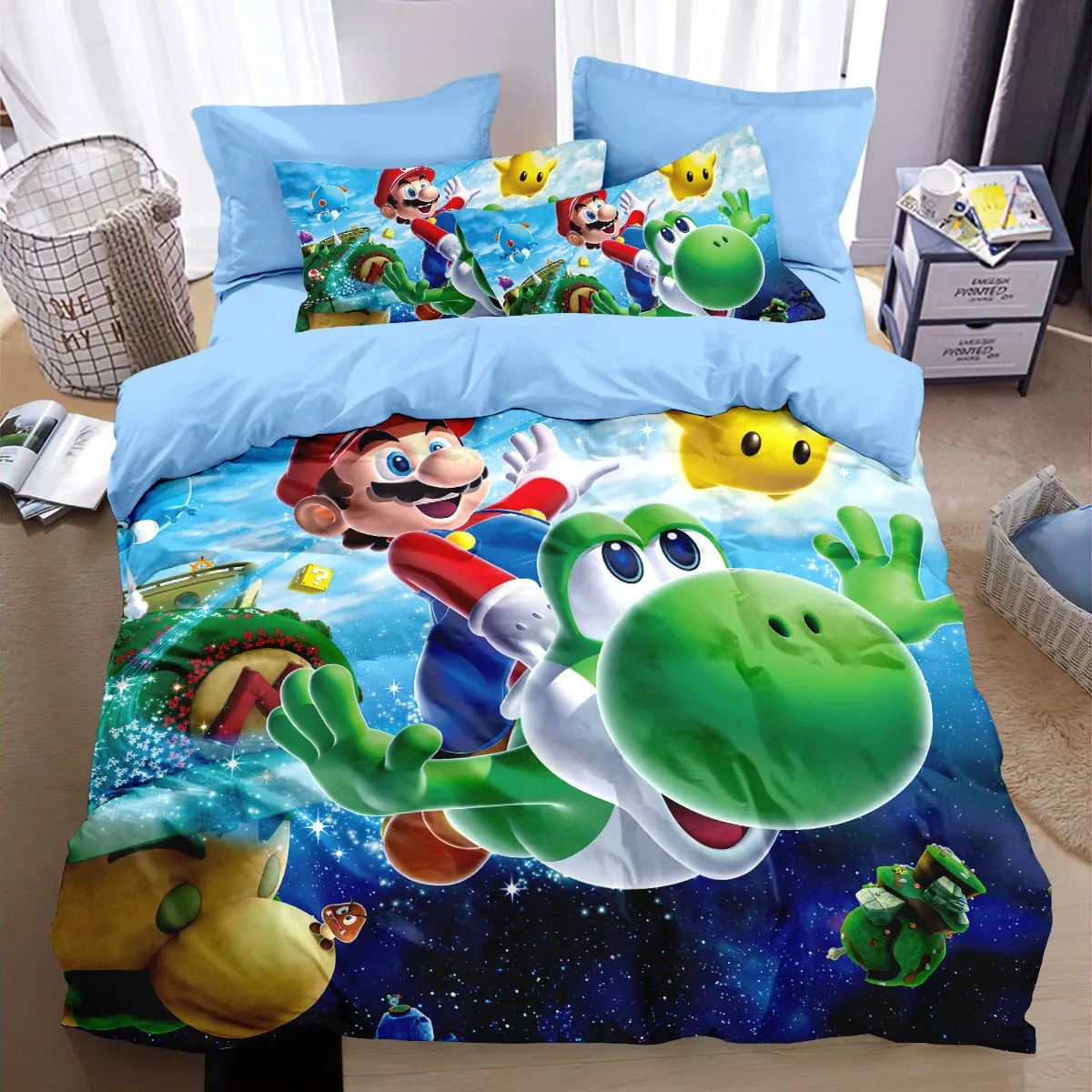 Cartoon M-Marios Bedding Set Duvet Cover Pillowcase for Family Bedroom Decoration Kids,Quilt Cover Boys and Girls Gifts Twin Ful