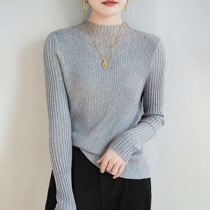 Classic Diamond Studded Chest Wool Blend Pullover Women Knitting Vertical stripe style Sweater Half Height Neck High quality Top