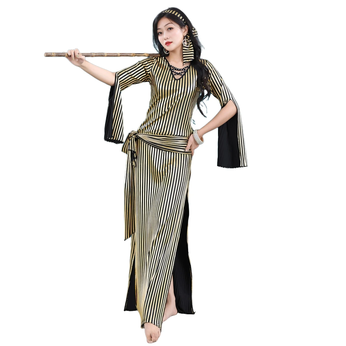 Gold Black Vertical Stripe Belly Dance Saidi Costume Flared Sleeve Split Maxi Dress Stage Performance Dance Wear