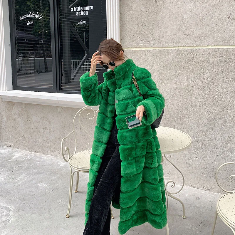 

Korean Winter Young Style Stand Collar Imported Rex Rabbit Fur Coat For Women Over The Knee-long Fashionable Temperament Fur Coa