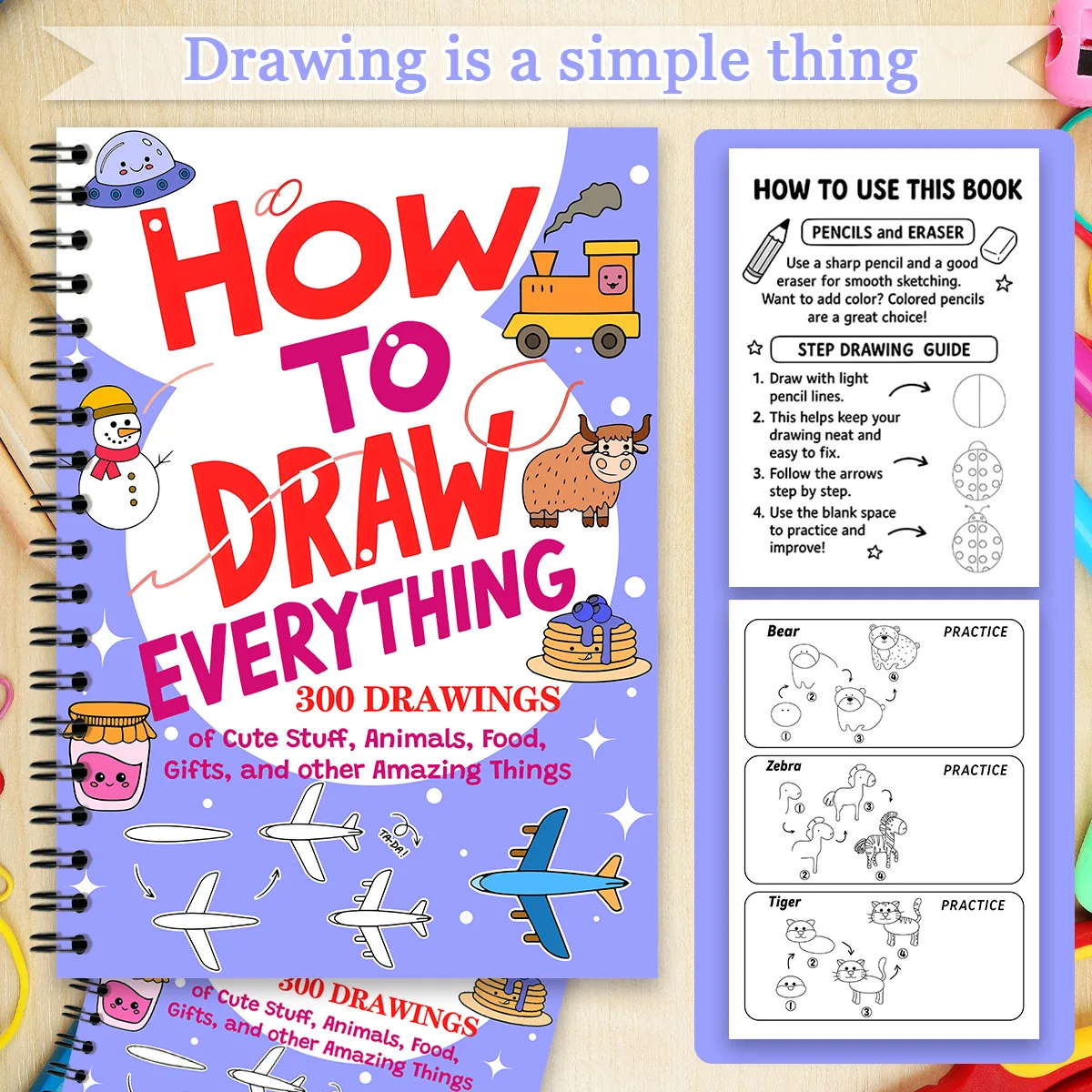 How To Draw 300 Simple Things Step By Step Drawing Guide Pencil Sketch Practice Book for Beginners Gift
