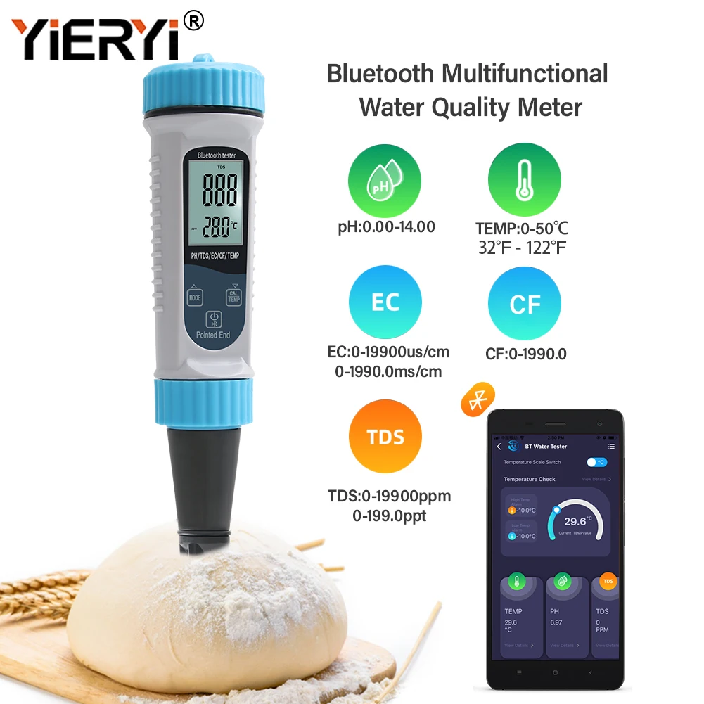 Yieryi Bluetooth Multifunctional Water Quality Meter PH TDS EC CF Temperature Tester For Food Soil Water Hydroponics Aquarium