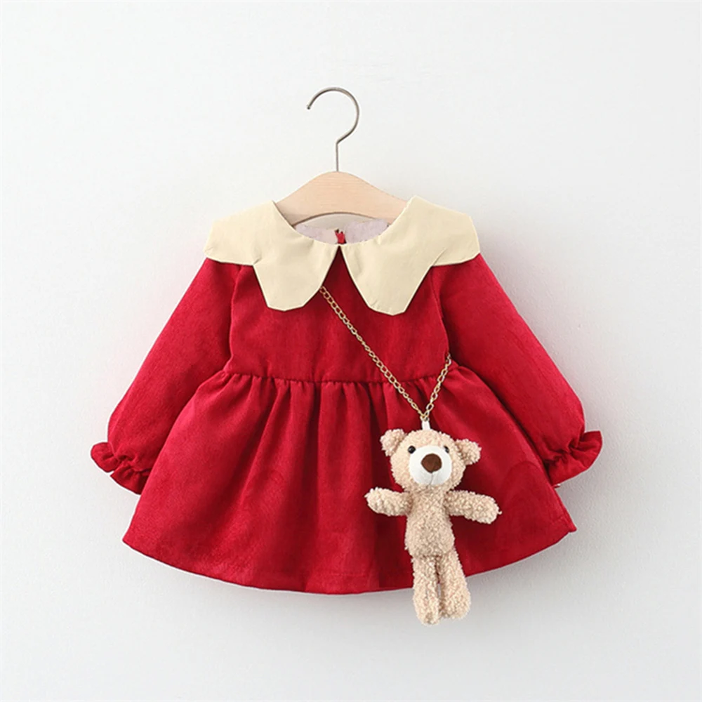 Winter Velvet Girl Clothes Girl Big Collar Corduroy Cute Long Sleeve Princess Dress+Cartoon Bear Pendant 2 Pcs