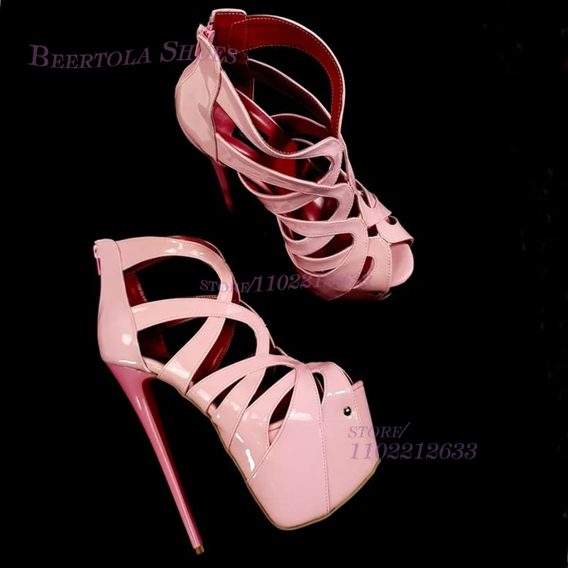 Cross Stripes Hollow Peep Toe Heels Platform Pink Back Zipper Open Sandals Women Casual Leather Heels Cute Girl Party Dance Shoe