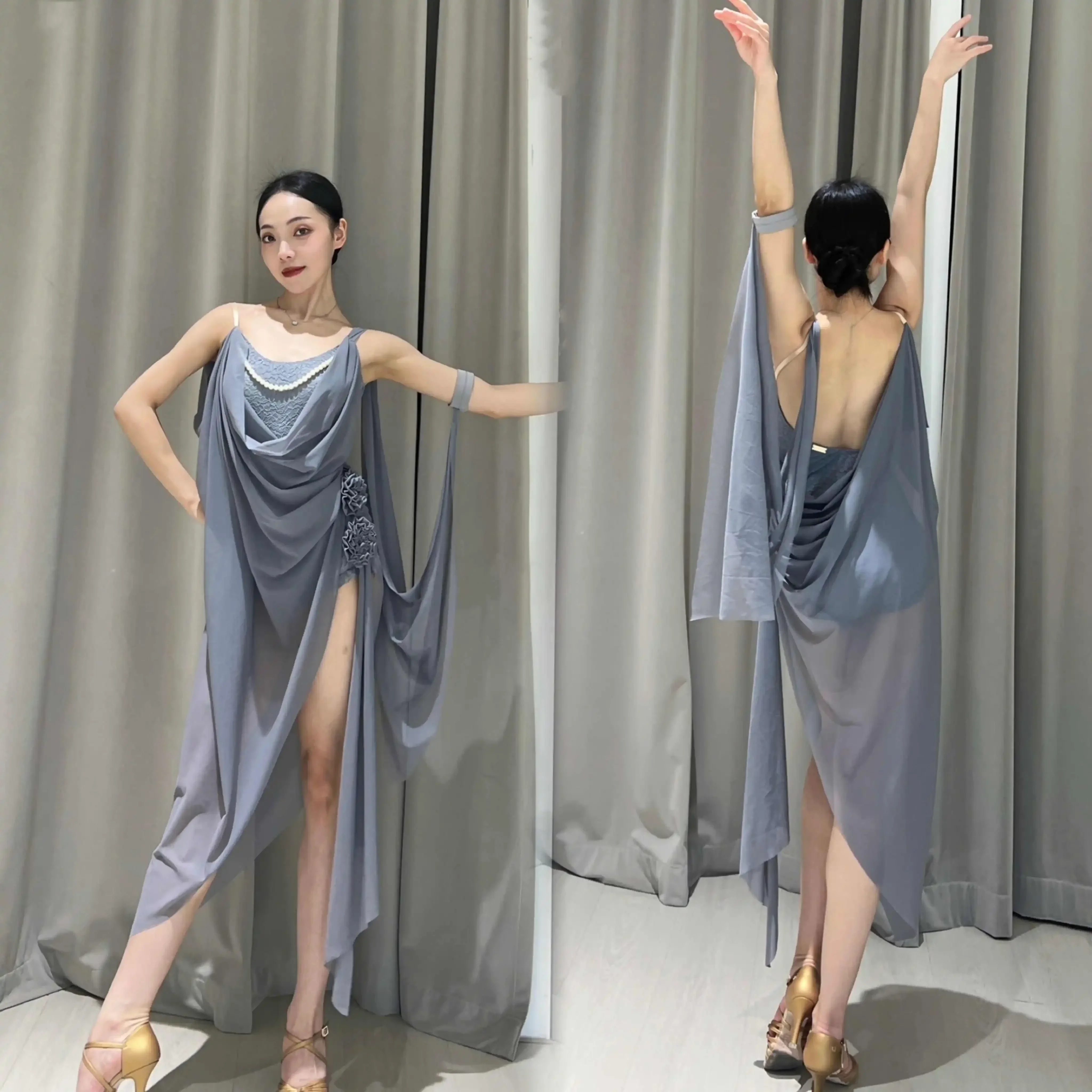 Vestido de competición de baile latino de malla blanca para mujer, ropa de actuación de Rumba Cha Tango, vestido de baile Sexy para graduación y Club para adultos DNV21962