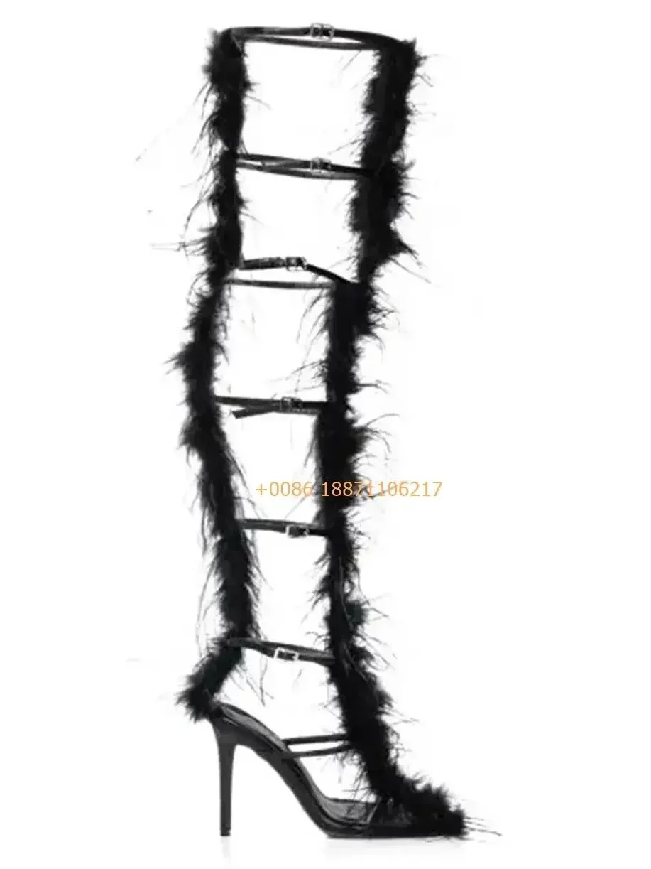 Black Fashion Sexy Ladies Hollow Plush Boots 2025 Party Strappy Stage Boots Models Catwalk Over Knee Belt Buckle Stiletto Heels