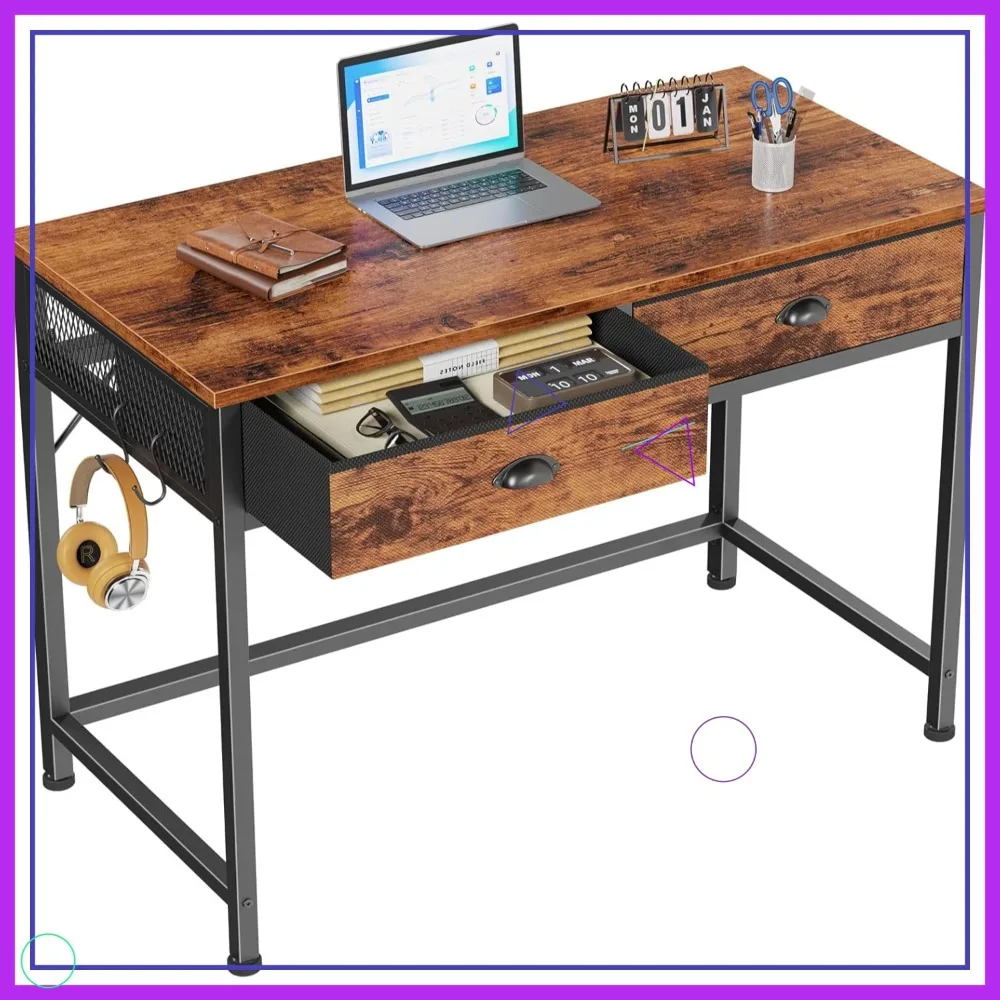 

40-Inch Rustic Brown Computer Desk with 2 Fabric Drawers, Hooks for Home Office, Study, or Bedroom