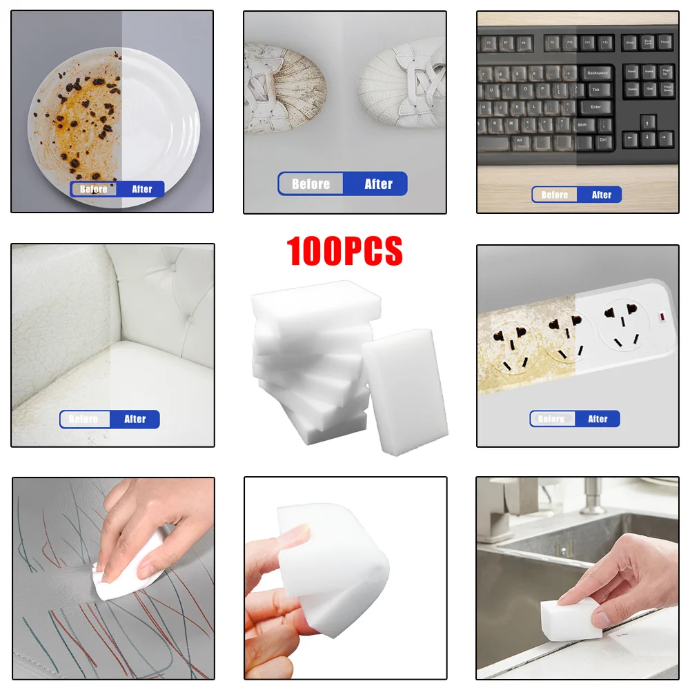 100pcs/Lot Magic Sponge Eraser White Melamine Sponge for Dishwashing Kitchen Bathroom Office Cleaner Cleaning Tools 100*60*20mm