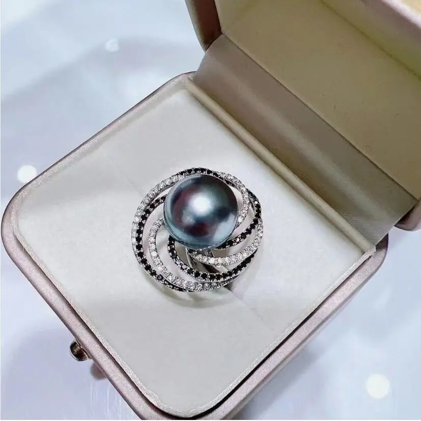

stunning 10-11mm tahitian round black green pearl ring 925s
