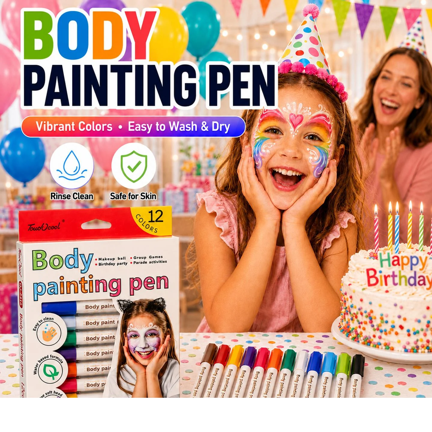 Canetas de tinta para pintura corporal com 12 cores, para pintura facial, não tóxicas, laváveis, kit de canetas para desenho de tatuagem, graffiti na pele, para festas infantis e cosplay.
