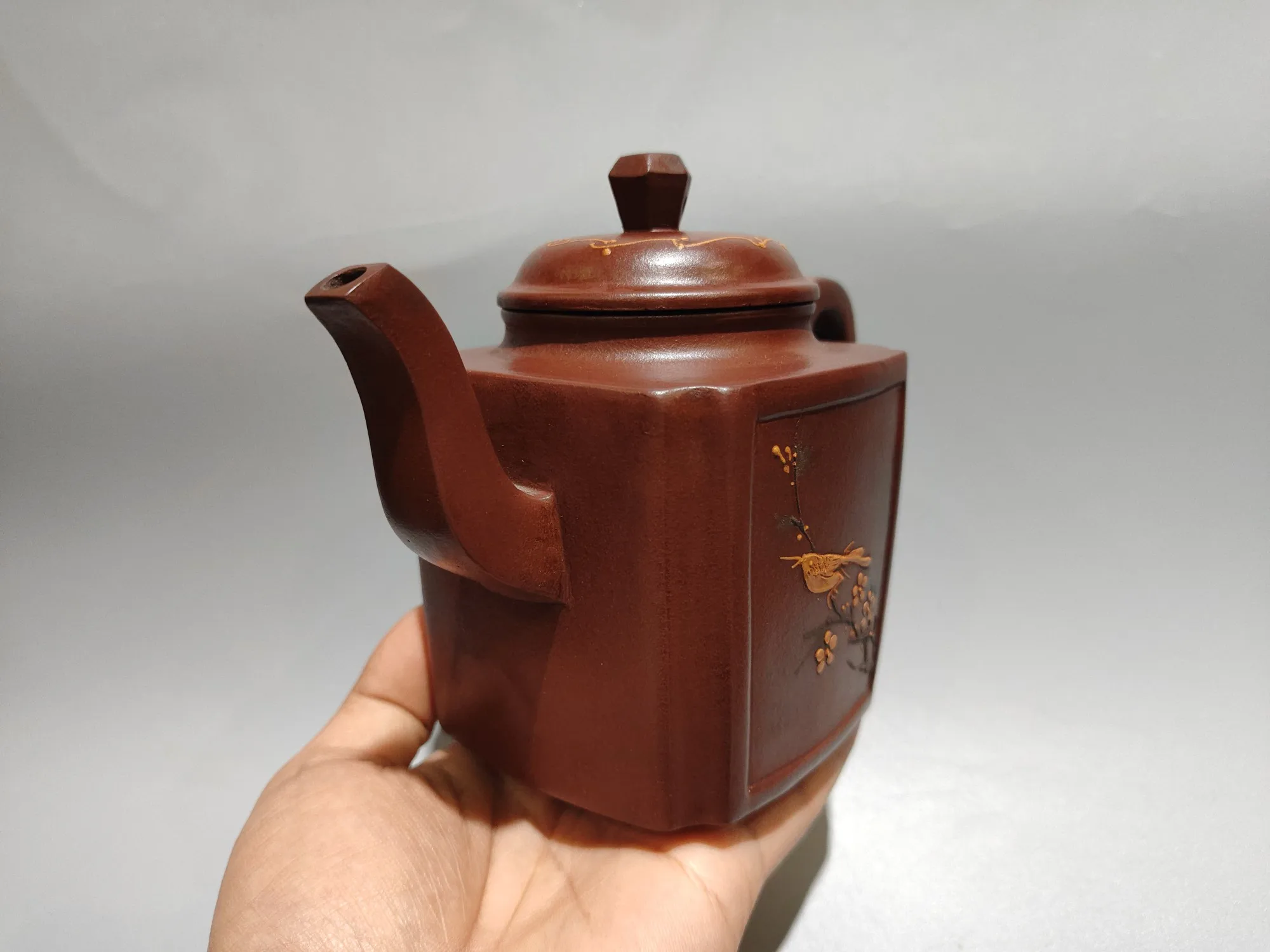 Yixing Purple Clay Pot Mud painting Magpie and Plum Blossom Pattern Four sided teapot Teapot Flagon Tea Maker Amass wealth