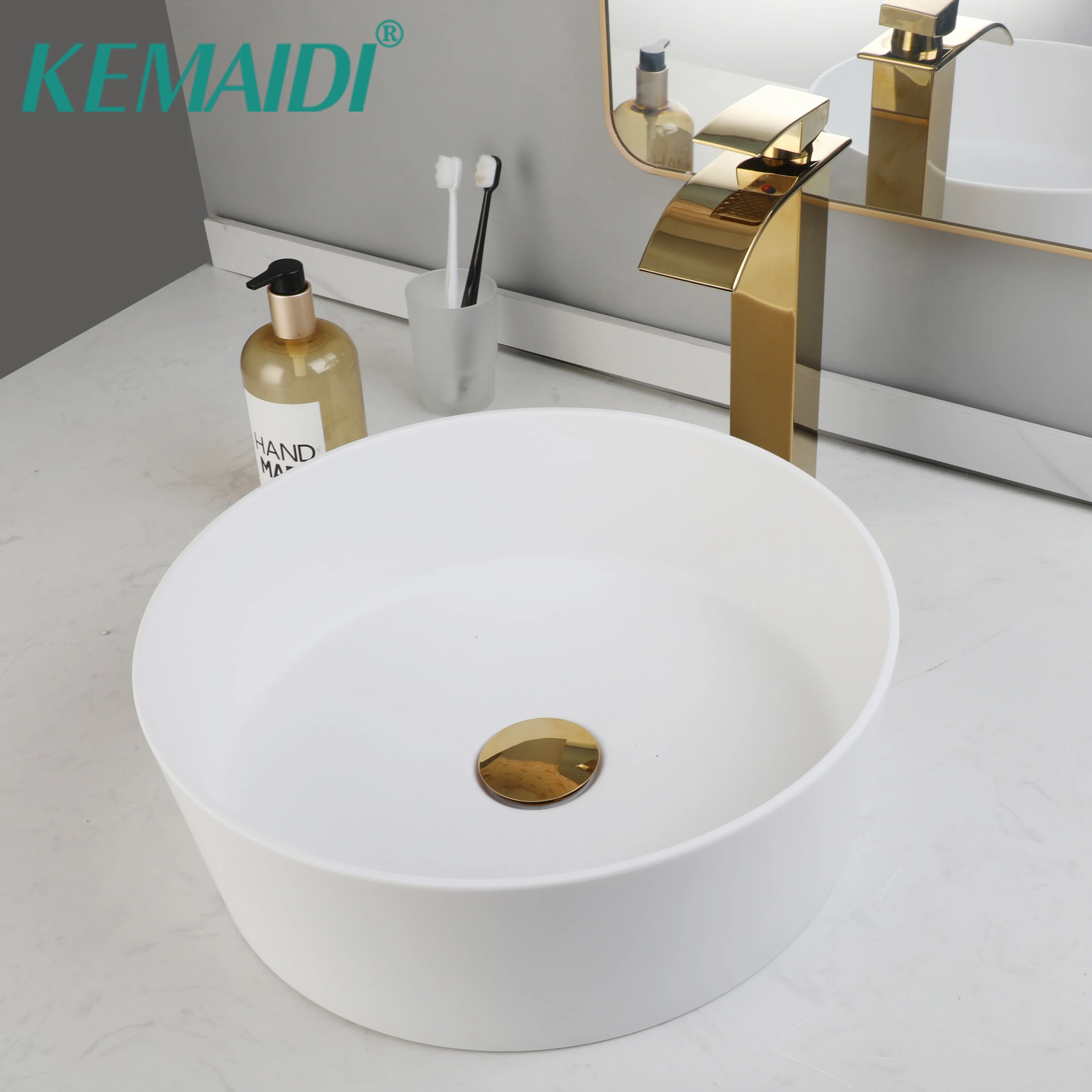 KEMAIDI Bathroom Basin Sink Set Ceramic White Vessel Vanity Sink Shiny Gold Soild Brass Two Hole Single Handle Faucet Mixer