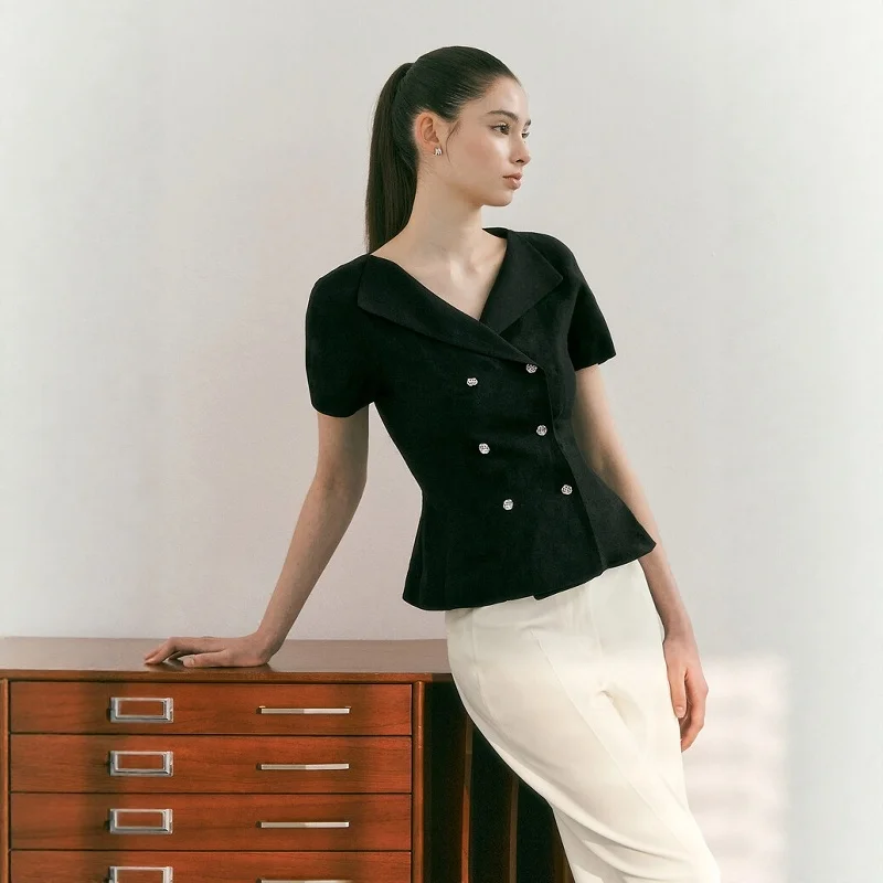 

Elegant Short Sleeve Suit Jacket Korean Style Double Breasted Waist Cinched V Neck Tunic for Women Commute Fashion