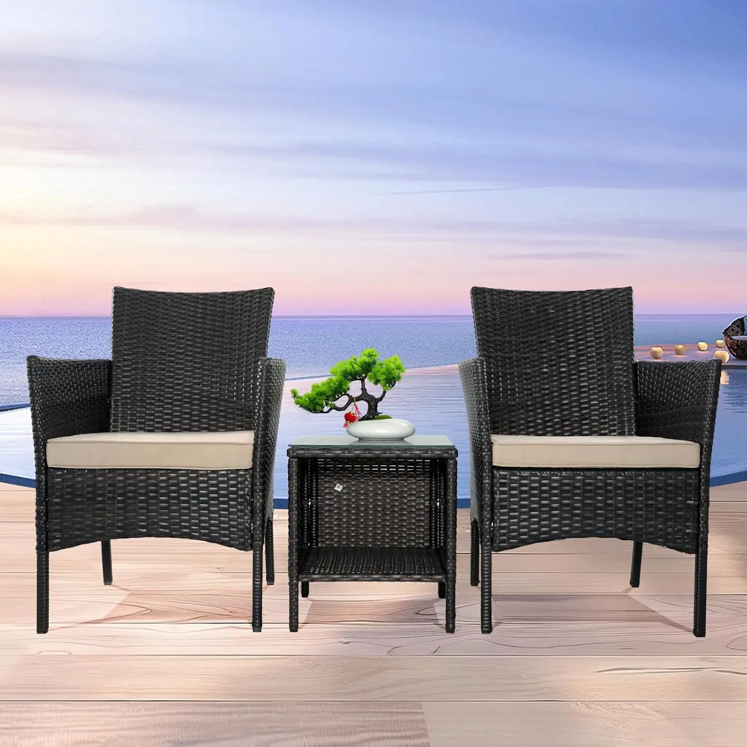 Pátio PE Rattan Wicker Chairs e Coffee Table Set, Mobília do pátio, Bistro Conversa Set com Almofada, Vidro, Varanda, Gramado, Jardim