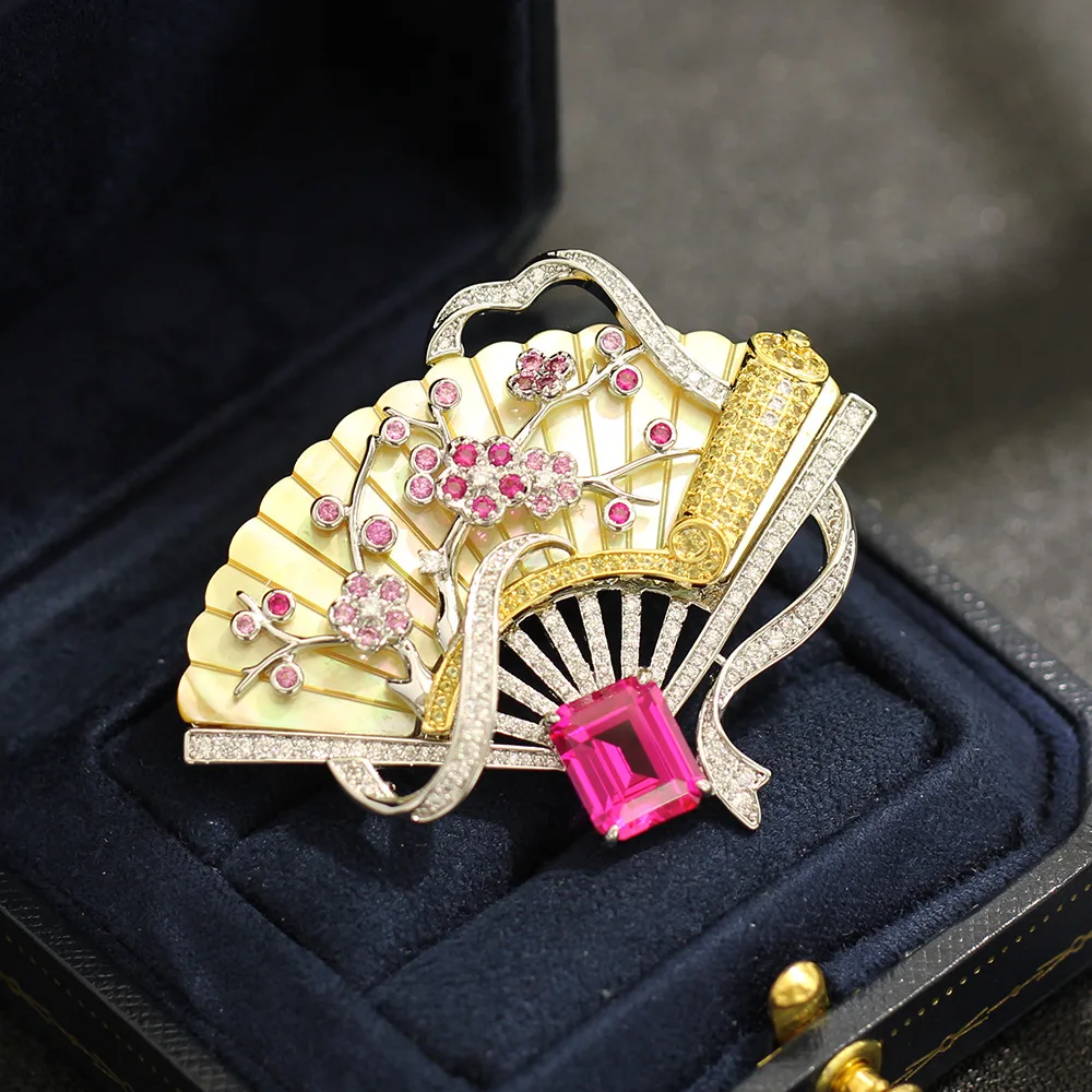 Yellow Shell Fan Plum Blossom Brooch, Pink Zircon Ribbon, Chinese Style Banquet Pin