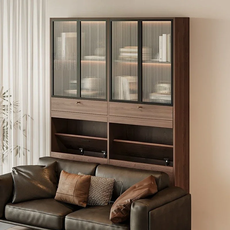 Sofa side cabinet glass door, living room solid wood bookcase integrated storage cabinet against the wall