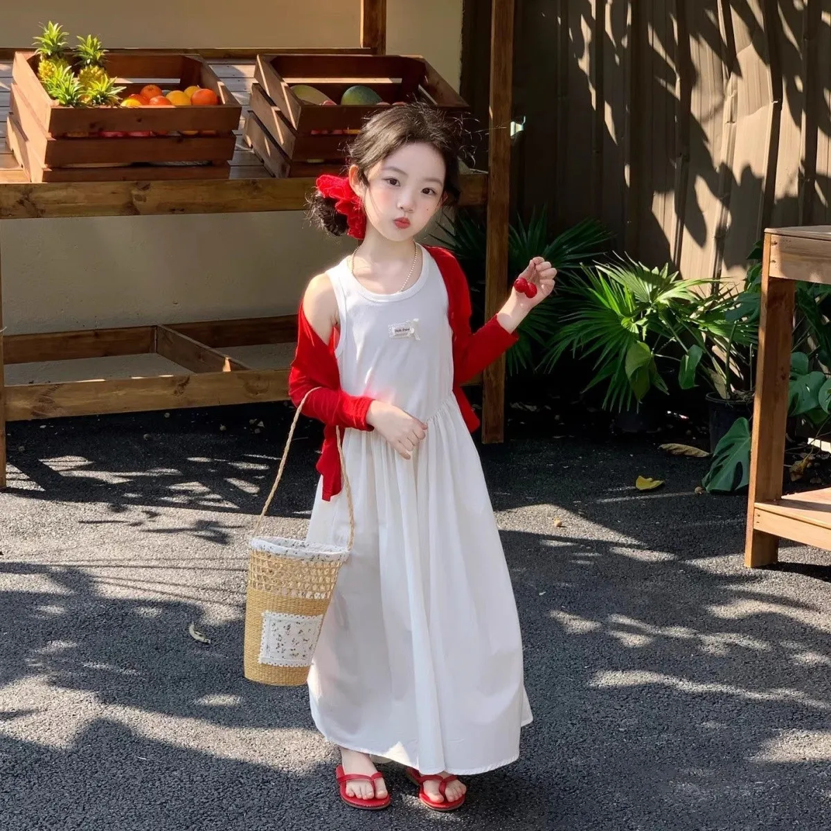Girls' Dress Set Spring/Summer New Collection Children's Red Knitted Cardigan+Vest Skirt Two Piece Set