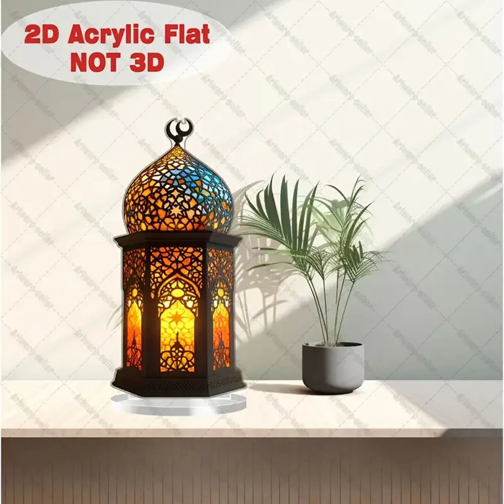 2D Flat, Elegant 2D Acrylic Mosque Lantern - Traditional Islamic Church Crystal Tabletop Decor, Perfect for Eid Celebrations