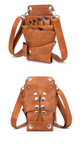 Imagen 2 del producto Bolsa de cuero PU para tijera de pelo, bolso cruzado con 7 bolsillos para peines de tijera, soporte para brochas de peluquería y barbería