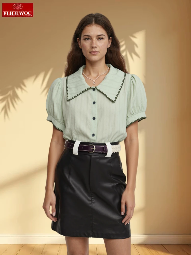 

2025 New French Style Blue White Solid Tops Blouses Cute Girls Office Lady Single-Breasted Button Shirts Chic Korea Clothes