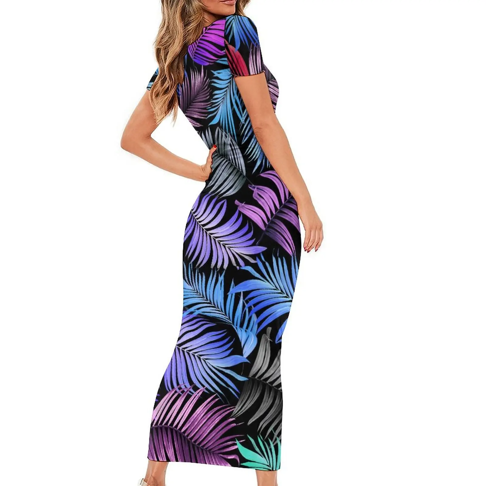 Colorful Leaf Dress Short Sleeve Palm Tree Cute Maxi Dresses Summer Aesthetic Graphic Bodycon Dress Large Size