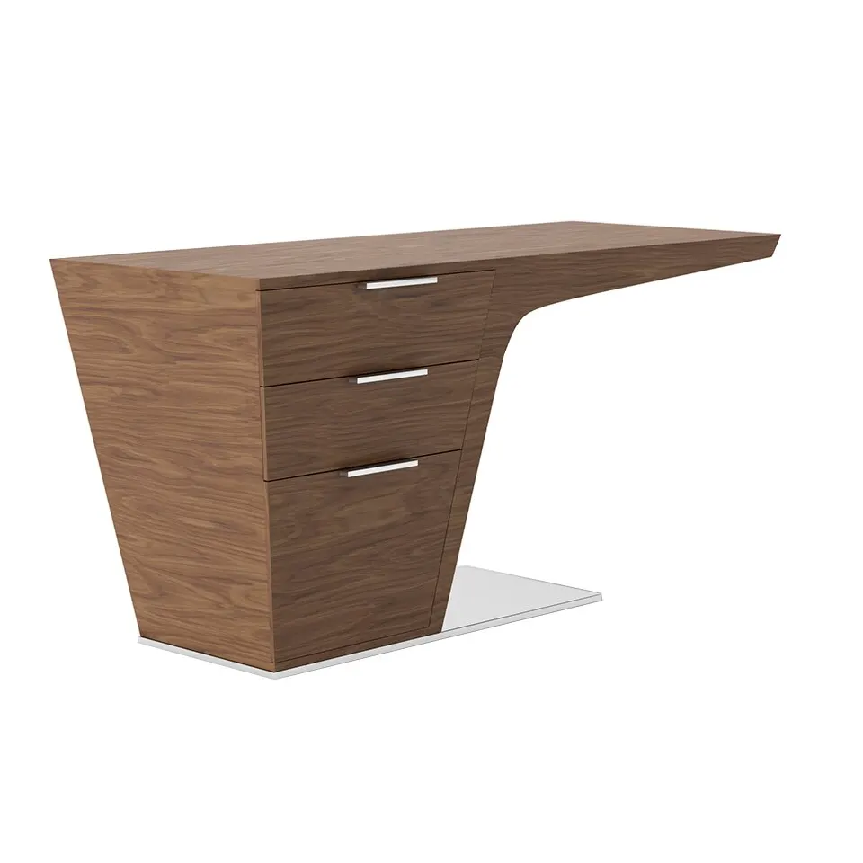 Angel Cerdá 3012 desk-walnut-plated wood office desk with two single drawers and one double. Base and chrome-plated stainless steel pulls.