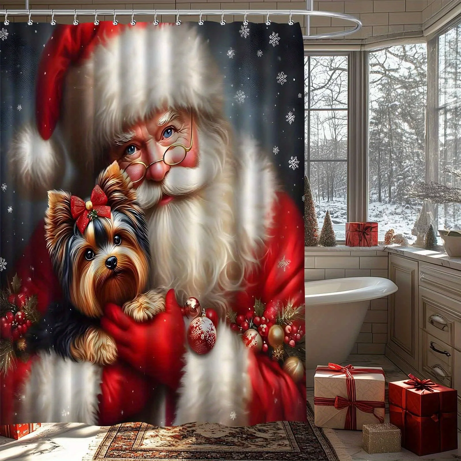 Santa Claus Holding Yorkshire Terrier Shower Curtain - Festive Christmas Bathroom Decor with Snowflakes & Holly