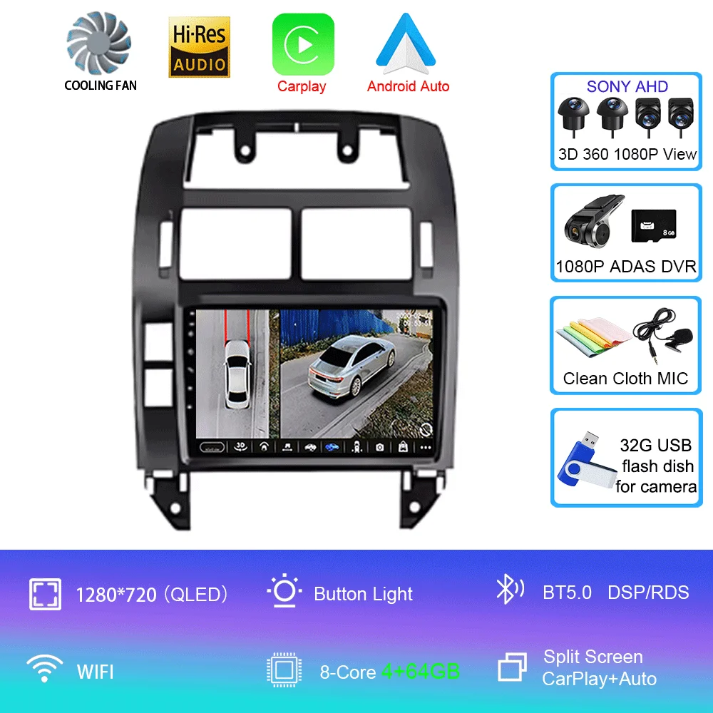 Auto radio Android 16 multimediaspeler GPS Carplay QLED scherm stereo voor Volkswagen VW Polo MK4 6Q 9N 9N3 2004-2009 - afbeelding 1