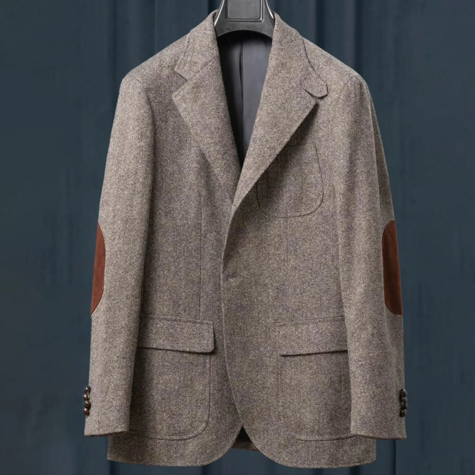 Classic Brown Salt and Pepper Tweed Blazer with Suede Elbow Patches and Flap Pockets Men Autumn Suit Jacket Customized M266715