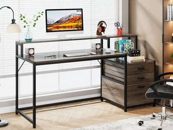 Tribesigns 63 Inch Computer Desk With File Drawer Cabinet, Ergonomic Office Desk With Monitor Stand, Industrial Computer Table