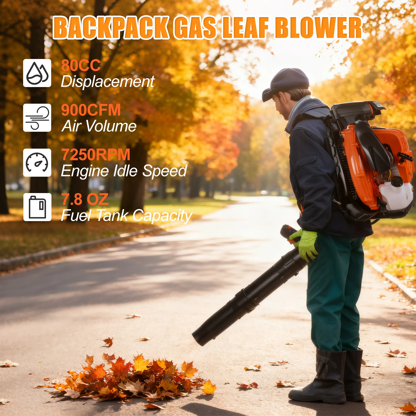 

80CC Backpack Gas Leaf Blower, Gas Blower, Leaf Blower, Up to 900CFM, Powerful Clearing, for Lawn Care Yard Dust Debris (Orange)