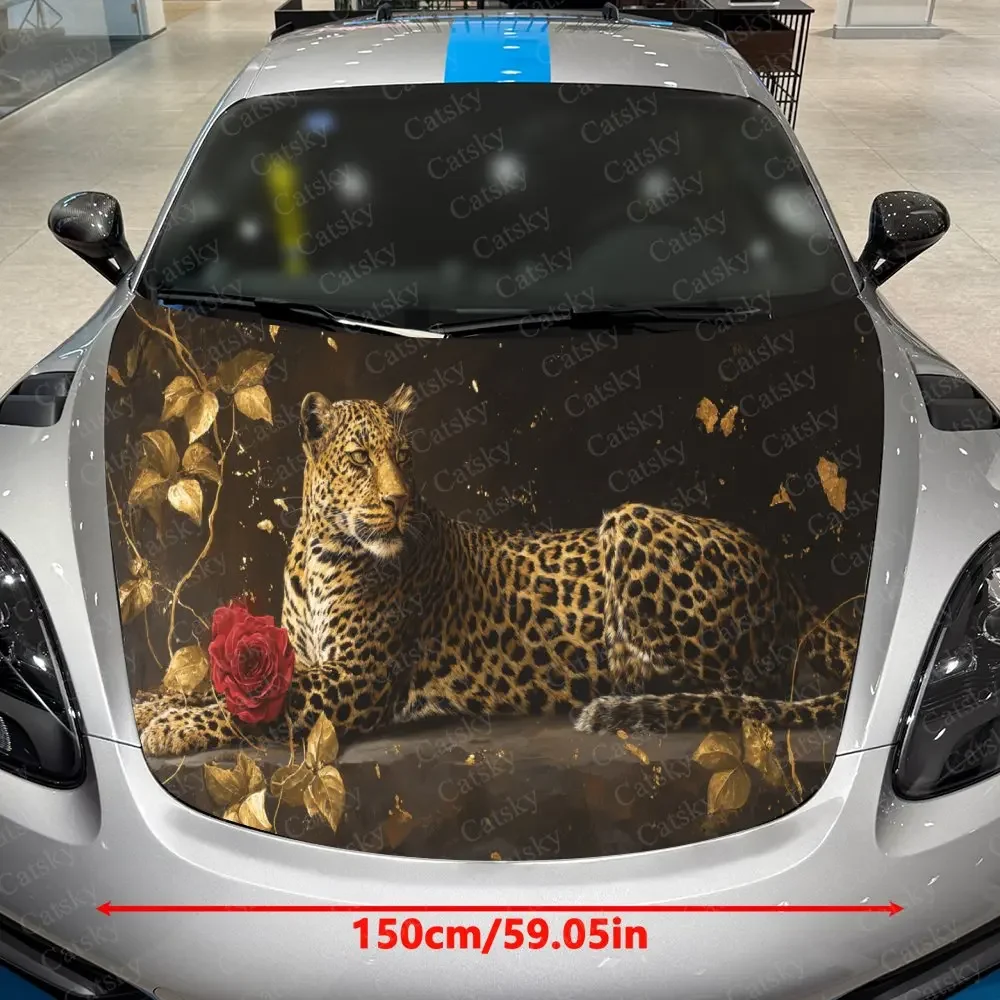 Pondering Leopard Beside Gilded Red Rose Car Vinyl Wrap, PVC Material Waterproof Car Hood Sticker, Self-Adhesive Scratch-Resista