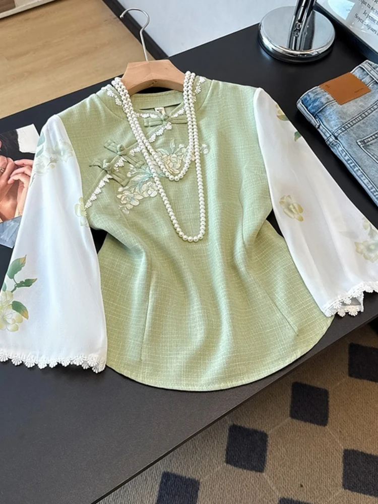 Kemeja wanita sifon, atasan blus bordir gaya China, pakaian Vintage motif bunga musim semi/musim panas untuk perempuan