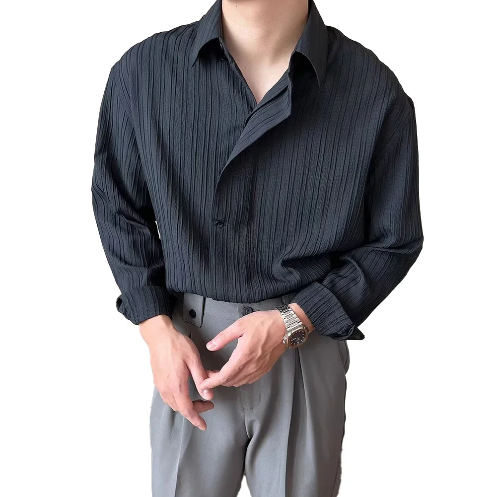 

Baggy Long Sleeve Shirts Japanese Style Turn-down Collar Shirt Regular Clothing Length Solid Color Pattern Applicable For Men