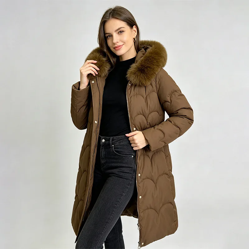 Women Mid Length Thick Slim Fit Faux Fur Collar Padded Coat, Trendy Korean Winter Jacket