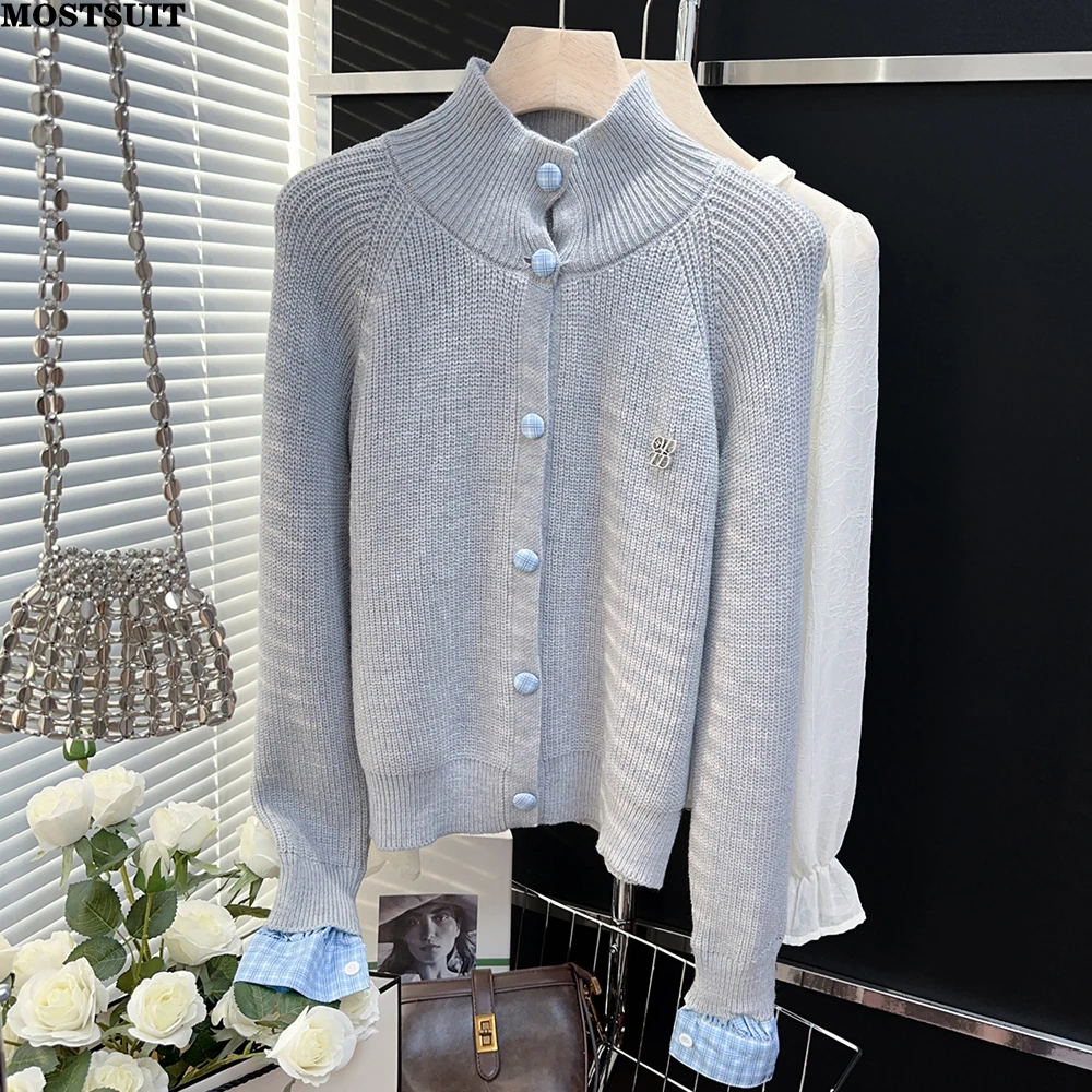 

Grey Knitted Sweater Cardigan Women Autumn Winter Fake Two Pieces Long Sleeve Turtleneck Korean Fashion Casual Ladies Jumpers