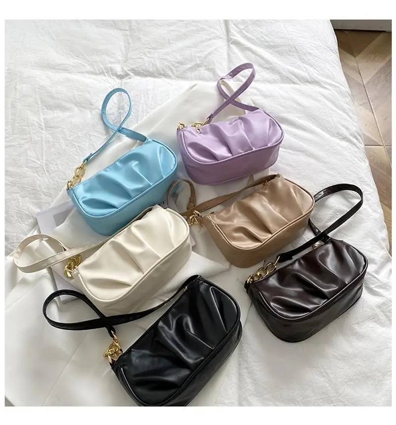 Vintage Women Pleated Thick Chain Shoulder Underarm Bag Casual Fashionable Ladies Small Handbag Purse Pure Color Square Bags