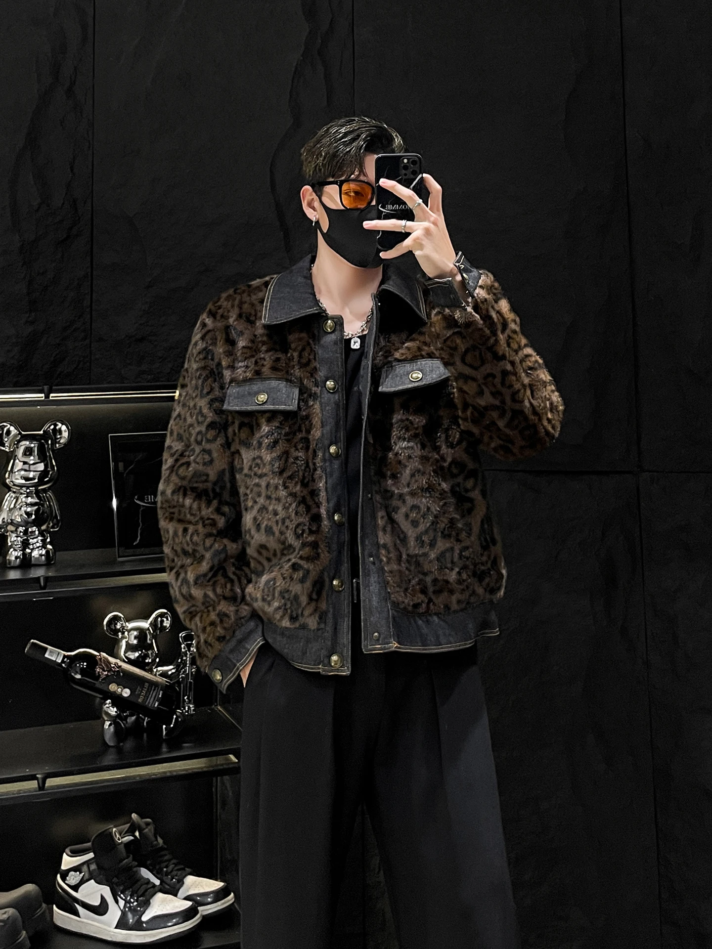 

Теплое мужское джинсовое пальто с хлопковой вставкой из кроличьего меха, модный леопардовый узор, осень-зима, новый Sle