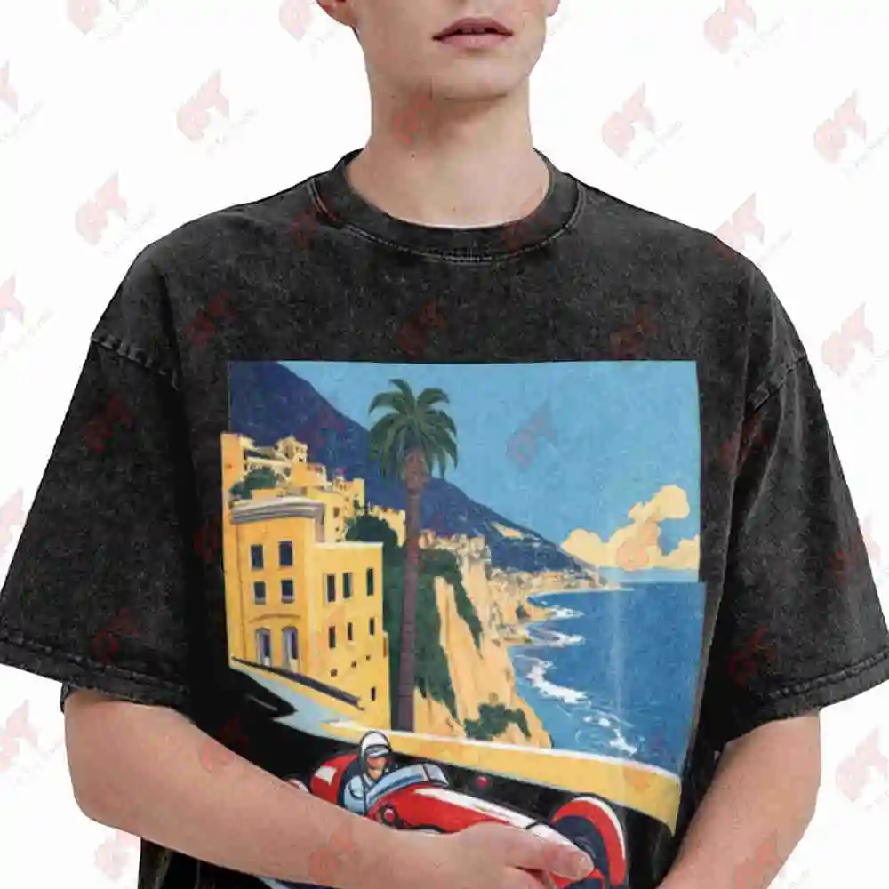 Monaco 1937 Retro Racing Artwork Vintage Washed Tee Pure Cotton T-Shirt