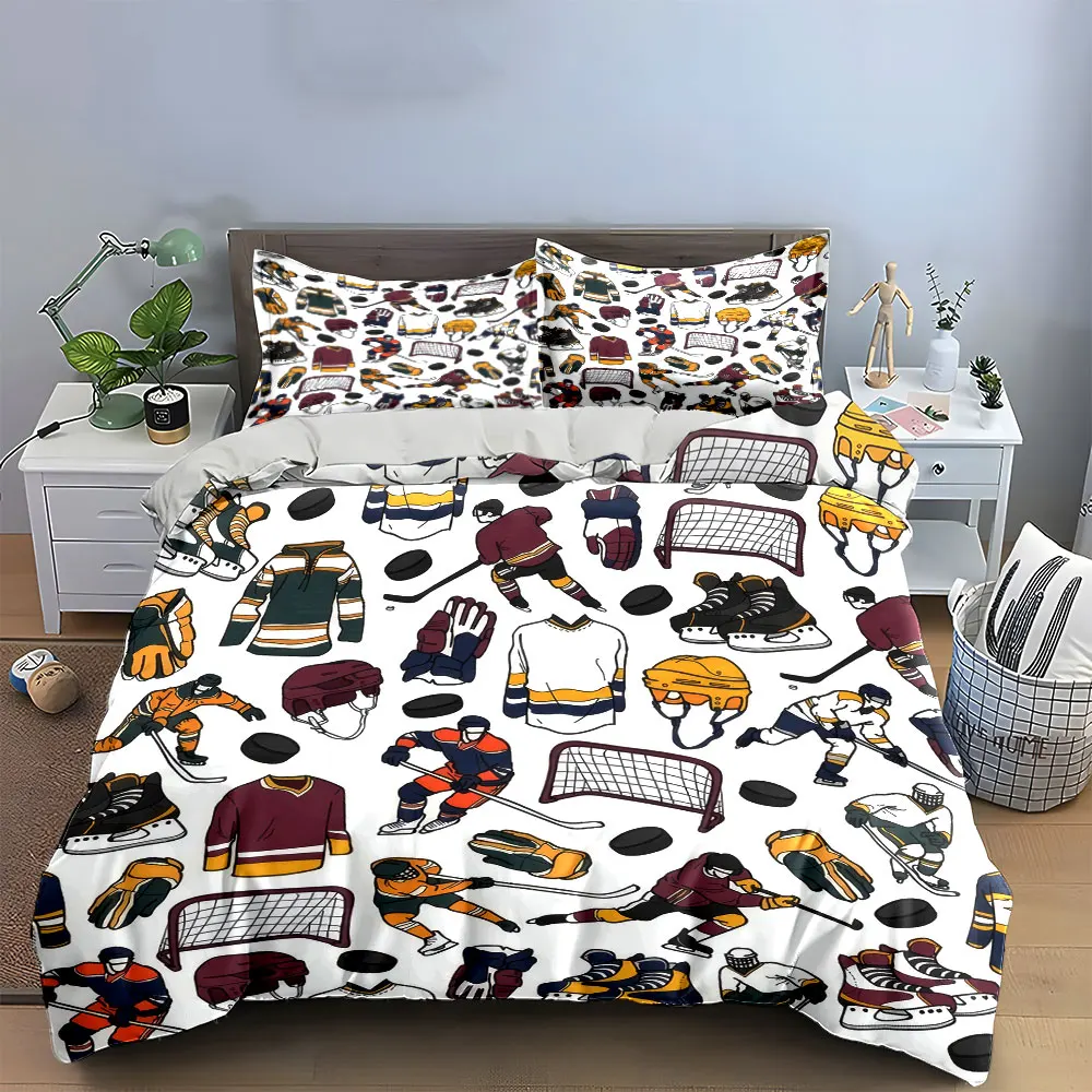 Hockey Gear Set Sports Decoration Soft Skin-Friendly Bedding Set Includes 1 Duvet Cover And 2 Pillowcase, Gift