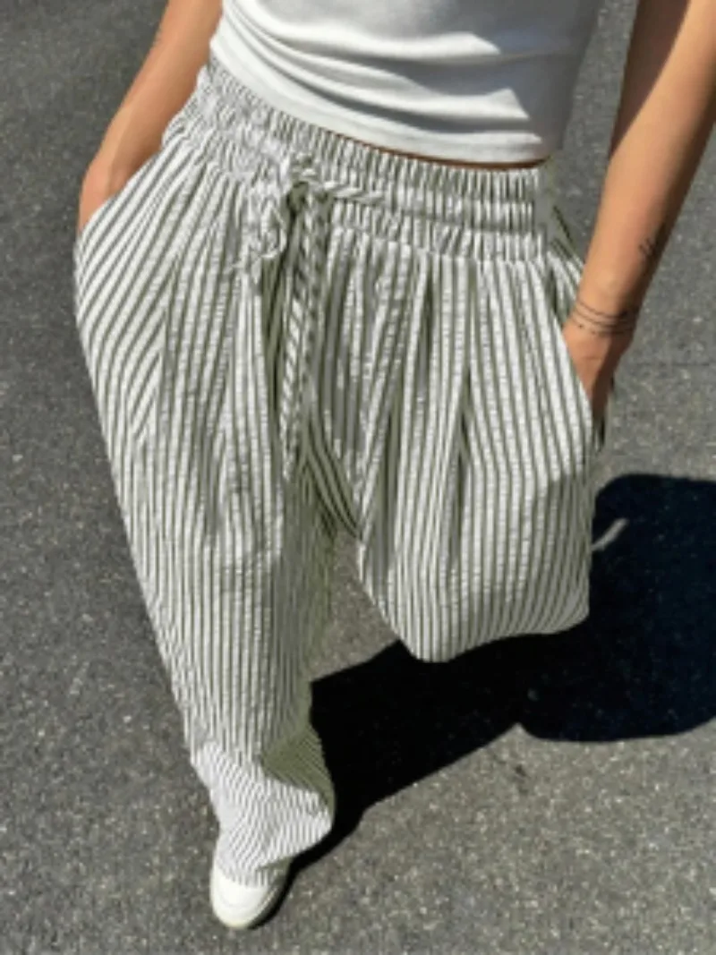 حجم كبير 1XL-5XL المرأة موضة مريحة مخطط الرباط سراويل تقليدية فضفاضة تمتد منتصف الخصر رياضية السراويل