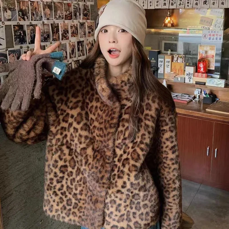 

Faux Fur Leopard Coats Women Vintage Y2K Streetwear Stand Collar Hairy Jacket Female Long Sleeve Hottie Autumn Winter Outwear