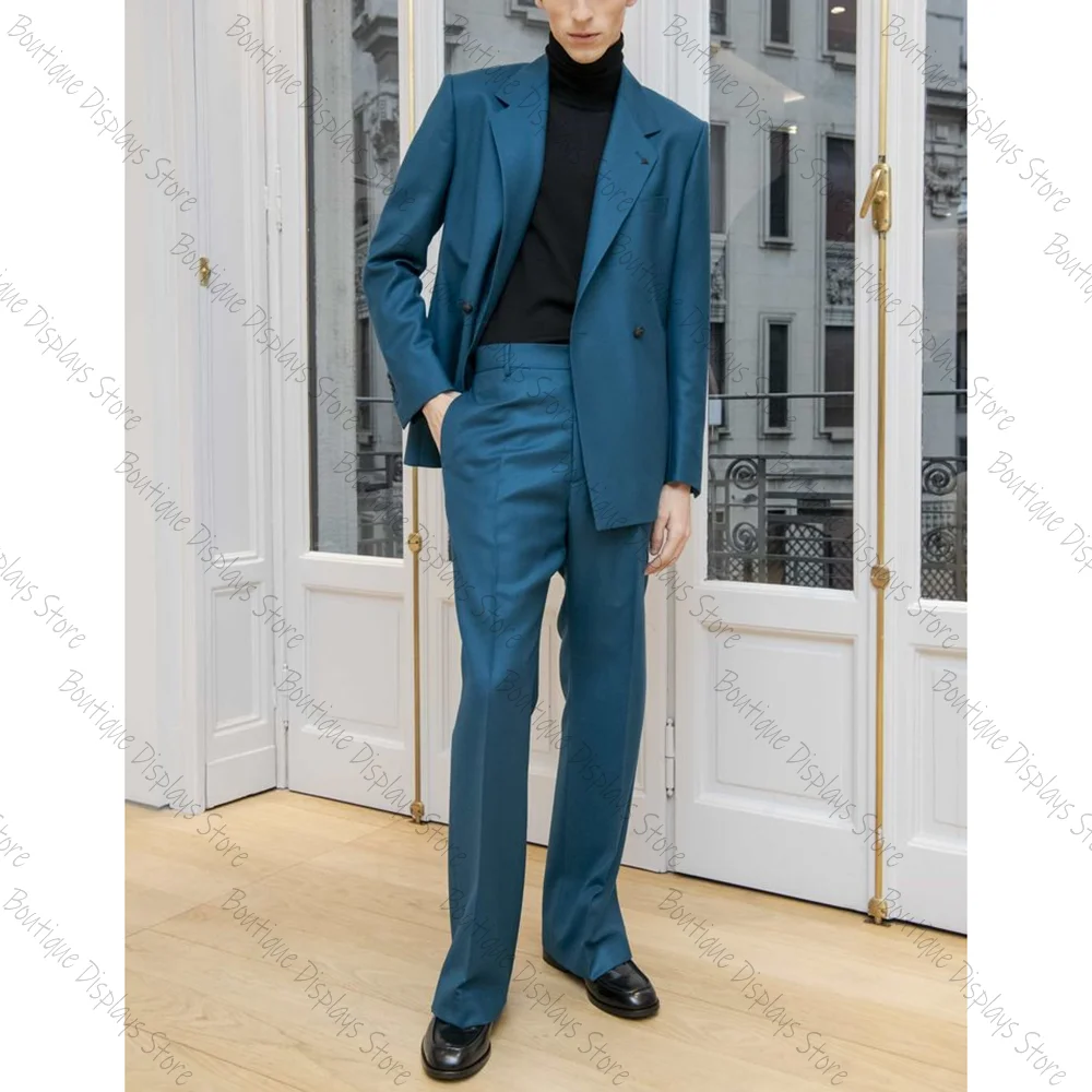 

Blue Slim Double Breasted Men Suit Peaked Lapel Business Casual Formal Costume Homme 2 Pcs Set Jacket Pants