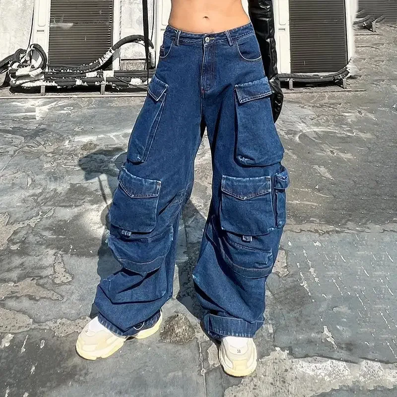 2024. Damskie dżinsy z wysokim stanem Cargo Spodnie Street Vintage Distressed Wash Baggy Casual Wide Leg Odzież damska